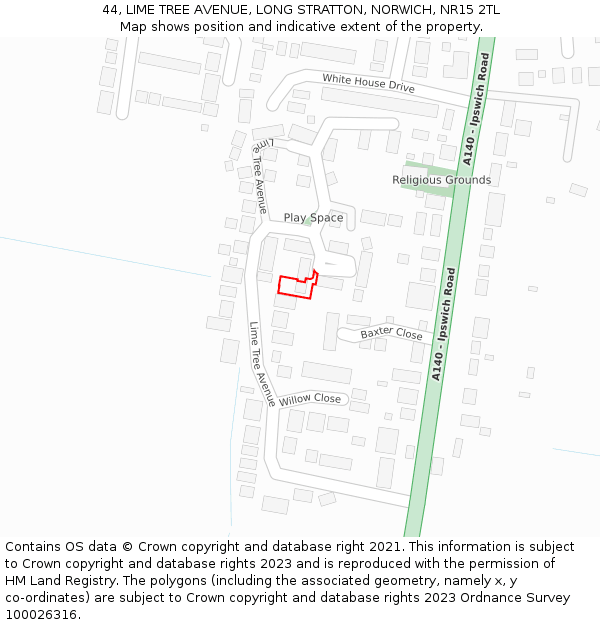 44, LIME TREE AVENUE, LONG STRATTON, NORWICH, NR15 2TL: Location map and indicative extent of plot