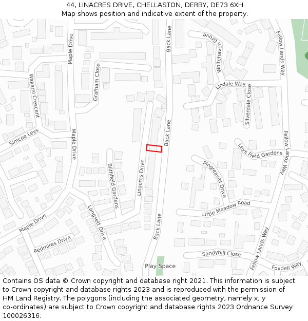 44, LINACRES DRIVE, CHELLASTON, DERBY, DE73 6XH: Location map and indicative extent of plot