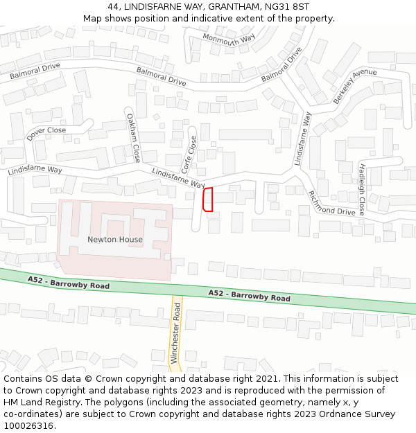 44, LINDISFARNE WAY, GRANTHAM, NG31 8ST: Location map and indicative extent of plot