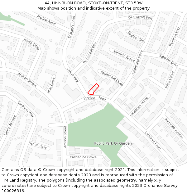 44, LINNBURN ROAD, STOKE-ON-TRENT, ST3 5RW: Location map and indicative extent of plot