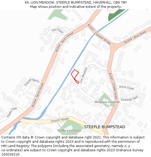 44, LION MEADOW, STEEPLE BUMPSTEAD, HAVERHILL, CB9 7BY: Location map and indicative extent of plot