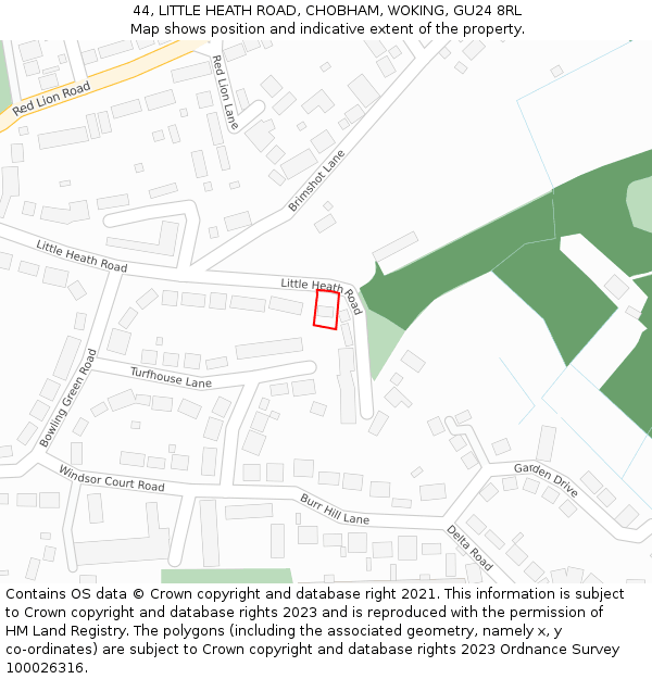 44, LITTLE HEATH ROAD, CHOBHAM, WOKING, GU24 8RL: Location map and indicative extent of plot