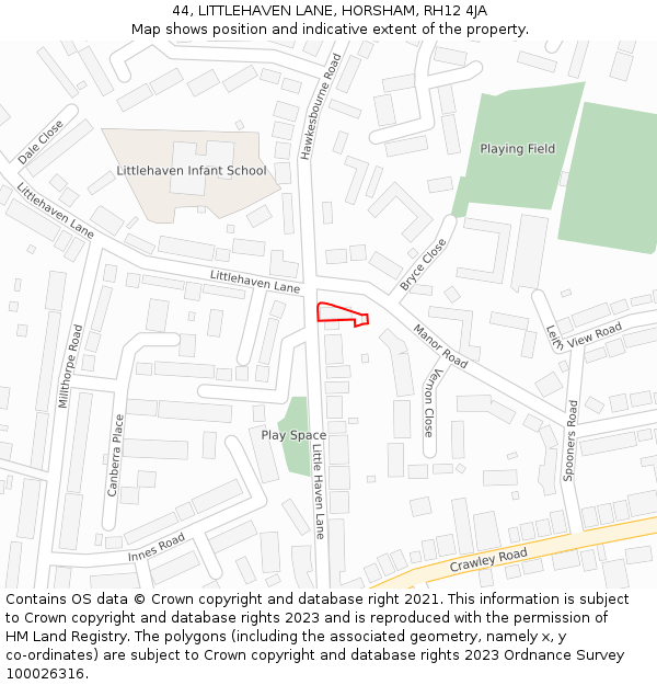 44, LITTLEHAVEN LANE, HORSHAM, RH12 4JA: Location map and indicative extent of plot