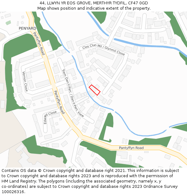 44, LLWYN YR EOS GROVE, MERTHYR TYDFIL, CF47 0GD: Location map and indicative extent of plot