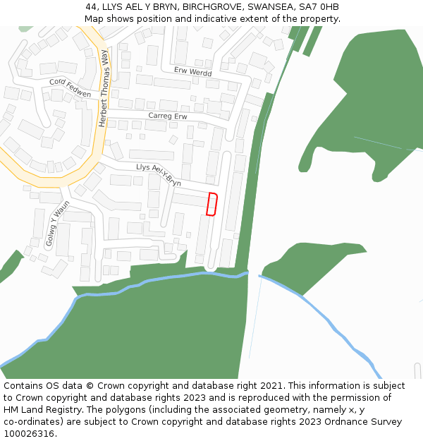 44, LLYS AEL Y BRYN, BIRCHGROVE, SWANSEA, SA7 0HB: Location map and indicative extent of plot