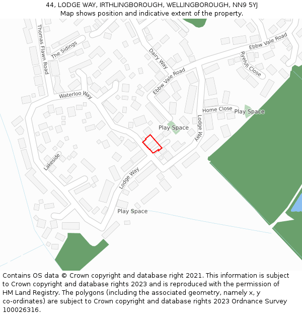 44, LODGE WAY, IRTHLINGBOROUGH, WELLINGBOROUGH, NN9 5YJ: Location map and indicative extent of plot