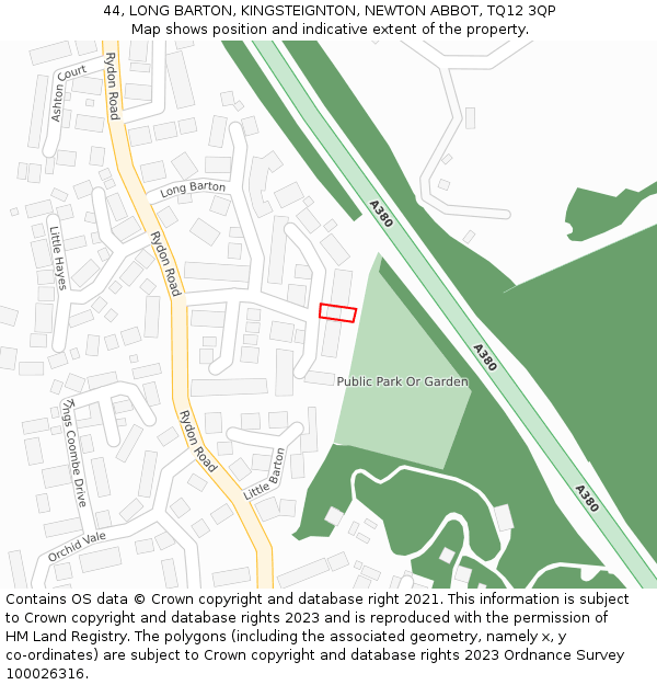 44, LONG BARTON, KINGSTEIGNTON, NEWTON ABBOT, TQ12 3QP: Location map and indicative extent of plot