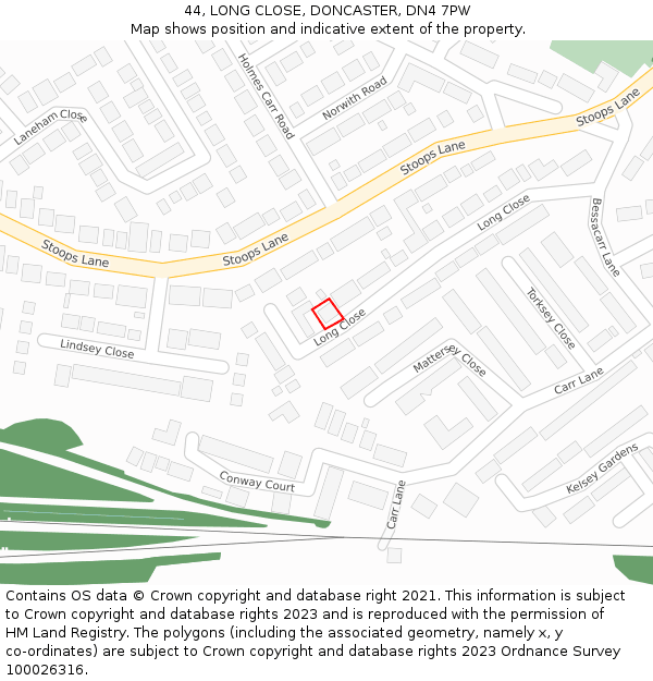 44, LONG CLOSE, DONCASTER, DN4 7PW: Location map and indicative extent of plot