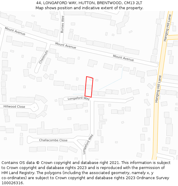 44, LONGAFORD WAY, HUTTON, BRENTWOOD, CM13 2LT: Location map and indicative extent of plot