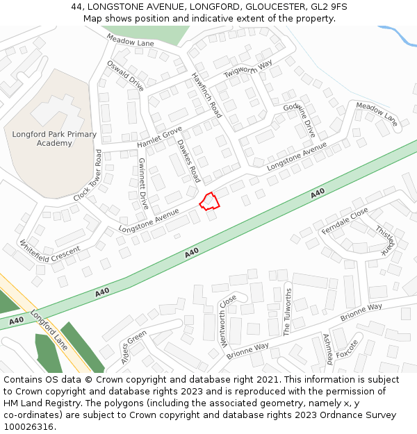 44, LONGSTONE AVENUE, LONGFORD, GLOUCESTER, GL2 9FS: Location map and indicative extent of plot
