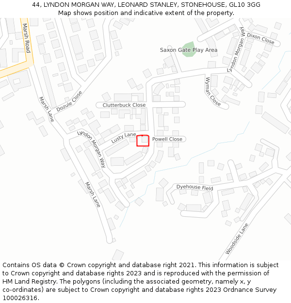 44, LYNDON MORGAN WAY, LEONARD STANLEY, STONEHOUSE, GL10 3GG: Location map and indicative extent of plot
