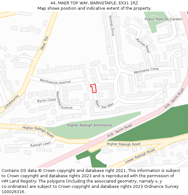 44, MAER TOP WAY, BARNSTAPLE, EX31 1RZ: Location map and indicative extent of plot