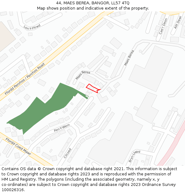 44, MAES BEREA, BANGOR, LL57 4TQ: Location map and indicative extent of plot