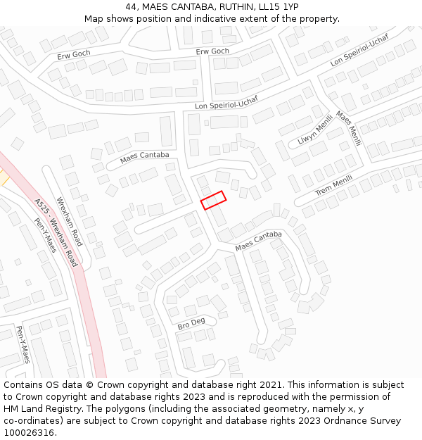 44, MAES CANTABA, RUTHIN, LL15 1YP: Location map and indicative extent of plot