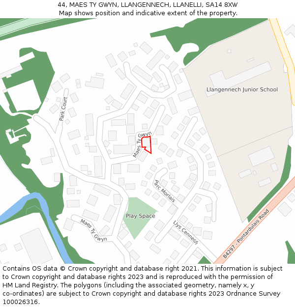 44, MAES TY GWYN, LLANGENNECH, LLANELLI, SA14 8XW: Location map and indicative extent of plot