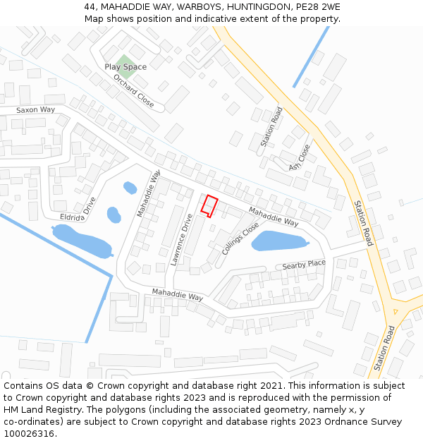 44, MAHADDIE WAY, WARBOYS, HUNTINGDON, PE28 2WE: Location map and indicative extent of plot