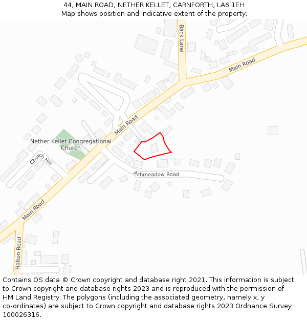 44, MAIN ROAD, NETHER KELLET, CARNFORTH, LA6 1EH: Location map and indicative extent of plot