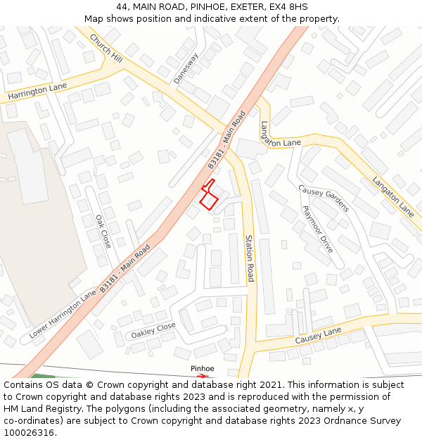 44, MAIN ROAD, PINHOE, EXETER, EX4 8HS: Location map and indicative extent of plot