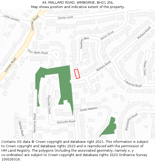 44, MALLARD ROAD, WIMBORNE, BH21 2NL: Location map and indicative extent of plot