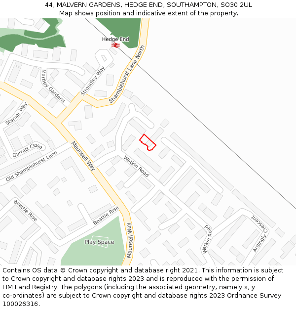 44, MALVERN GARDENS, HEDGE END, SOUTHAMPTON, SO30 2UL: Location map and indicative extent of plot