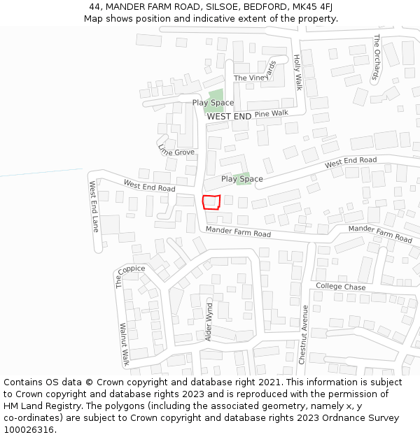44, MANDER FARM ROAD, SILSOE, BEDFORD, MK45 4FJ: Location map and indicative extent of plot