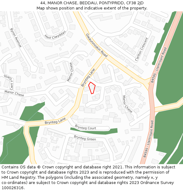 44, MANOR CHASE, BEDDAU, PONTYPRIDD, CF38 2JD: Location map and indicative extent of plot