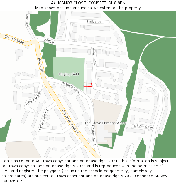 44, MANOR CLOSE, CONSETT, DH8 8BN: Location map and indicative extent of plot