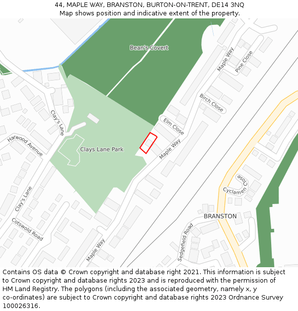 44, MAPLE WAY, BRANSTON, BURTON-ON-TRENT, DE14 3NQ: Location map and indicative extent of plot