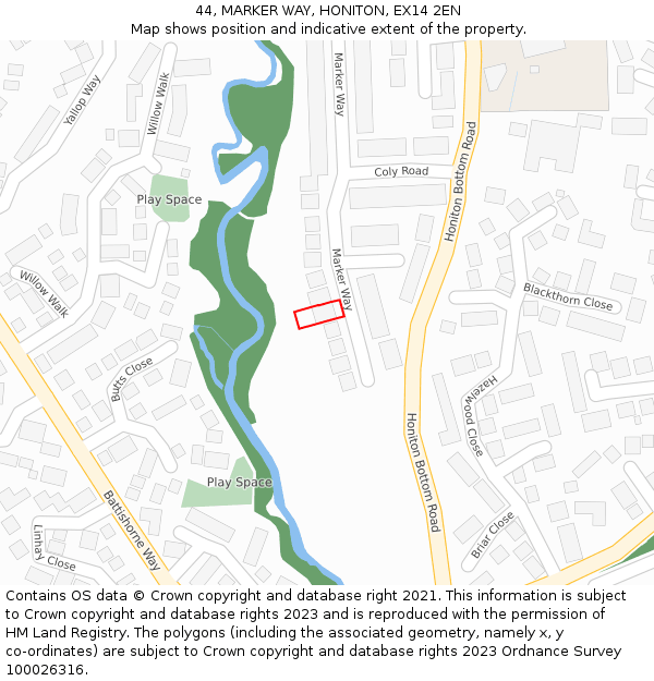 44, MARKER WAY, HONITON, EX14 2EN: Location map and indicative extent of plot