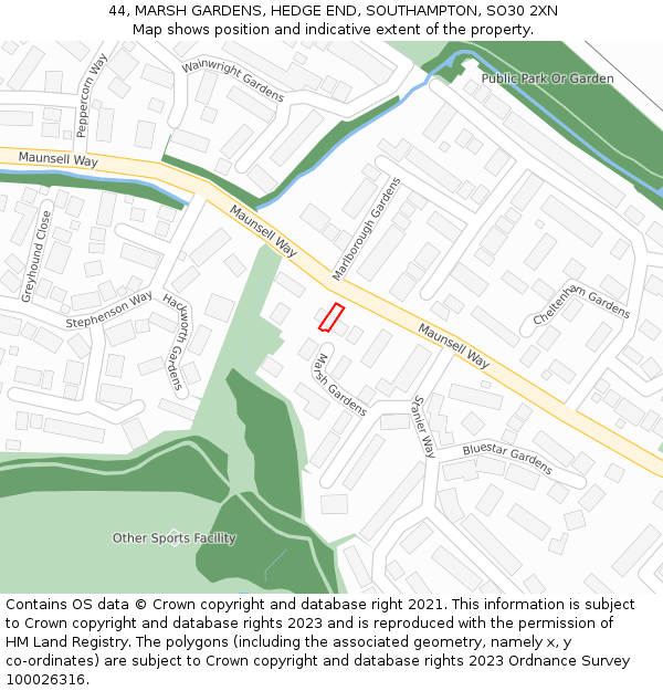 44, MARSH GARDENS, HEDGE END, SOUTHAMPTON, SO30 2XN: Location map and indicative extent of plot