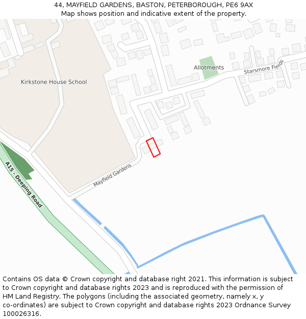 44, MAYFIELD GARDENS, BASTON, PETERBOROUGH, PE6 9AX: Location map and indicative extent of plot