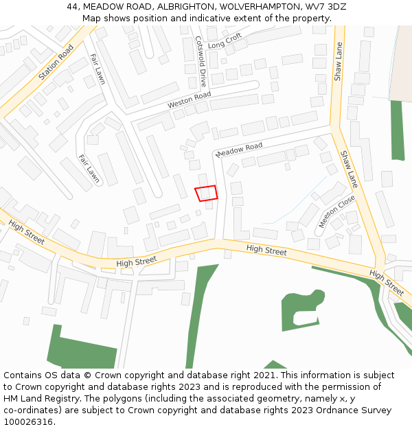 44, MEADOW ROAD, ALBRIGHTON, WOLVERHAMPTON, WV7 3DZ: Location map and indicative extent of plot