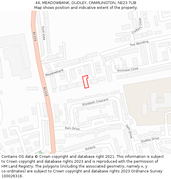 44, MEADOWBANK, DUDLEY, CRAMLINGTON, NE23 7UB: Location map and indicative extent of plot