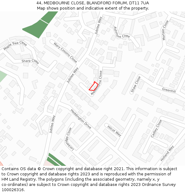 44, MEDBOURNE CLOSE, BLANDFORD FORUM, DT11 7UA: Location map and indicative extent of plot