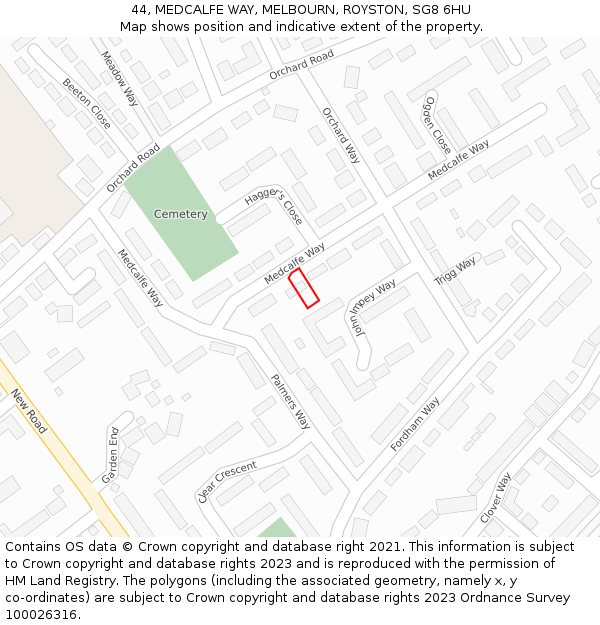 44, MEDCALFE WAY, MELBOURN, ROYSTON, SG8 6HU: Location map and indicative extent of plot