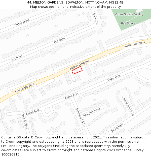 44, MELTON GARDENS, EDWALTON, NOTTINGHAM, NG12 4BJ: Location map and indicative extent of plot