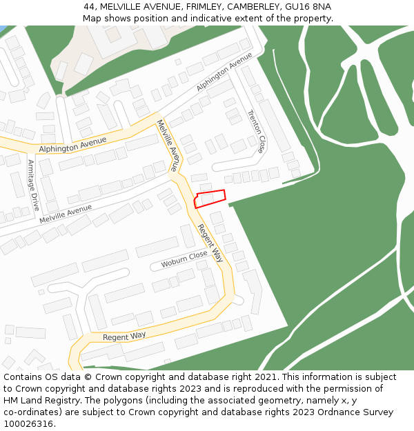 44, MELVILLE AVENUE, FRIMLEY, CAMBERLEY, GU16 8NA: Location map and indicative extent of plot