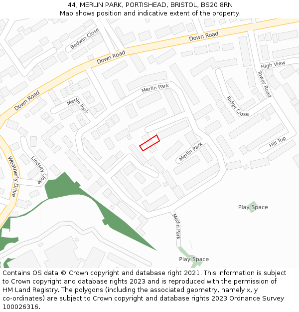 44, MERLIN PARK, PORTISHEAD, BRISTOL, BS20 8RN: Location map and indicative extent of plot