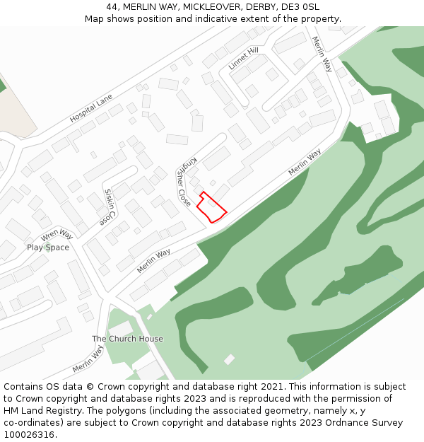 44, MERLIN WAY, MICKLEOVER, DERBY, DE3 0SL: Location map and indicative extent of plot