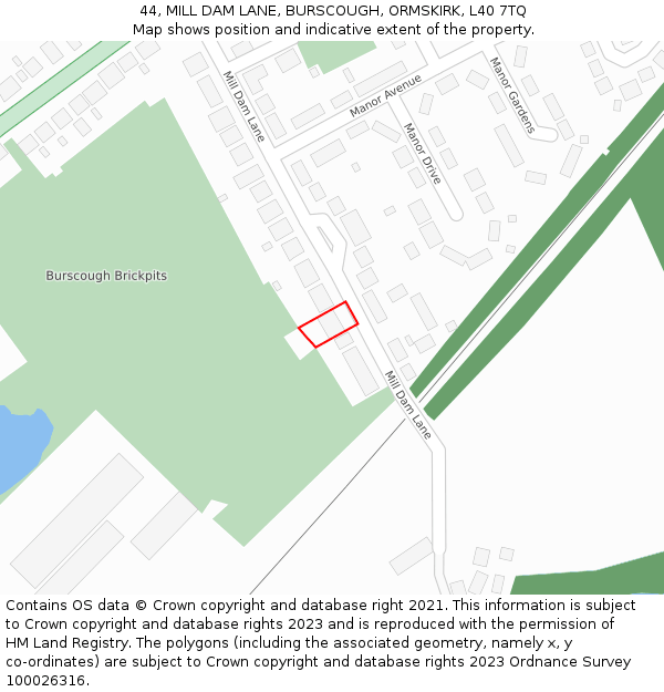 44, MILL DAM LANE, BURSCOUGH, ORMSKIRK, L40 7TQ: Location map and indicative extent of plot