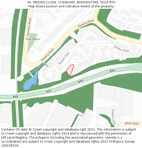 44, MINDEN CLOSE, CHINEHAM, BASINGSTOKE, RG24 8TH: Location map and indicative extent of plot