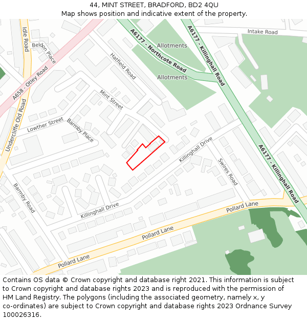 44, MINT STREET, BRADFORD, BD2 4QU: Location map and indicative extent of plot