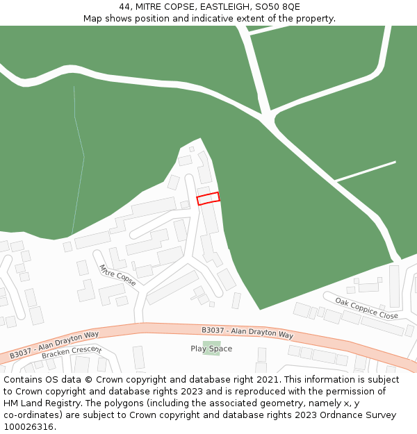 44, MITRE COPSE, EASTLEIGH, SO50 8QE: Location map and indicative extent of plot