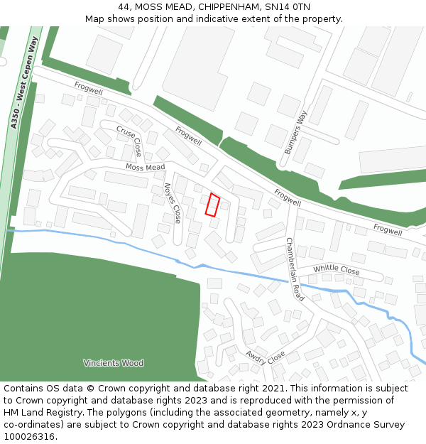 44, MOSS MEAD, CHIPPENHAM, SN14 0TN: Location map and indicative extent of plot