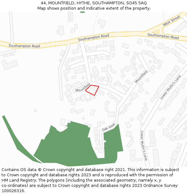 44, MOUNTFIELD, HYTHE, SOUTHAMPTON, SO45 5AQ: Location map and indicative extent of plot