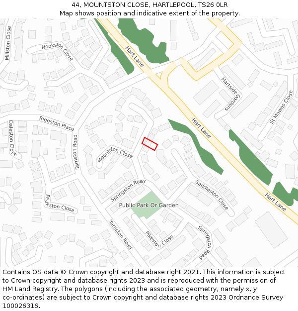 44, MOUNTSTON CLOSE, HARTLEPOOL, TS26 0LR: Location map and indicative extent of plot