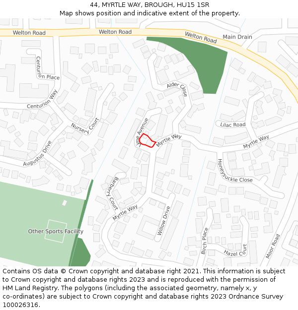 44, MYRTLE WAY, BROUGH, HU15 1SR: Location map and indicative extent of plot