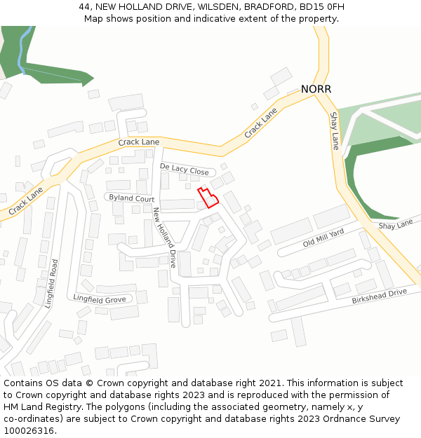 44, NEW HOLLAND DRIVE, WILSDEN, BRADFORD, BD15 0FH: Location map and indicative extent of plot