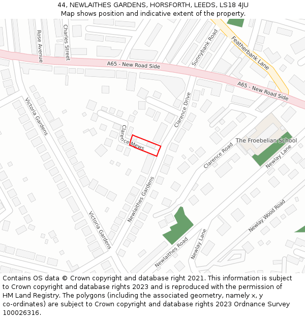 44, NEWLAITHES GARDENS, HORSFORTH, LEEDS, LS18 4JU: Location map and indicative extent of plot
