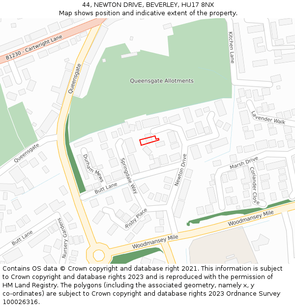 44, NEWTON DRIVE, BEVERLEY, HU17 8NX: Location map and indicative extent of plot